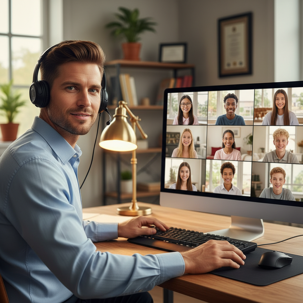 Qualified male teacher conducting professional online tutoring session