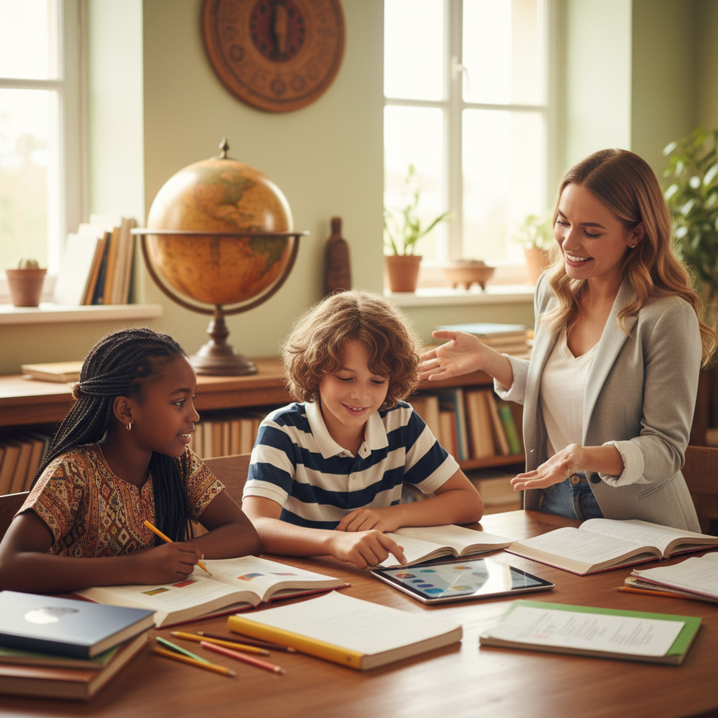 Two multicultural students aged 10-11 with a young teacher in a warm tutoring session with globe in background